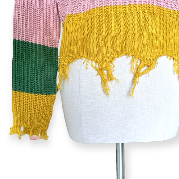 SAKS FIFTH AVENUE Colorblock Frayed Hem Sweater V-Neck Knit Pink Green Yellow - Picture 3 of 9